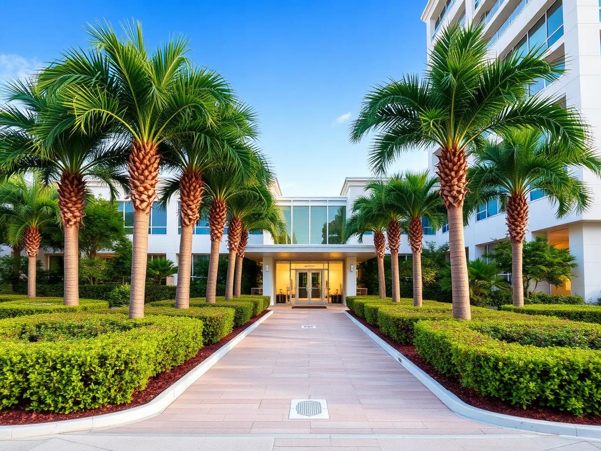 Commercial property entrance with royal palms in Miami